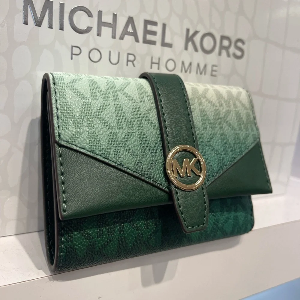 MICHAEL KORS Greenwich Medium Ombré Signature Logo Tri-Fold Wallet Moss Multi NW
